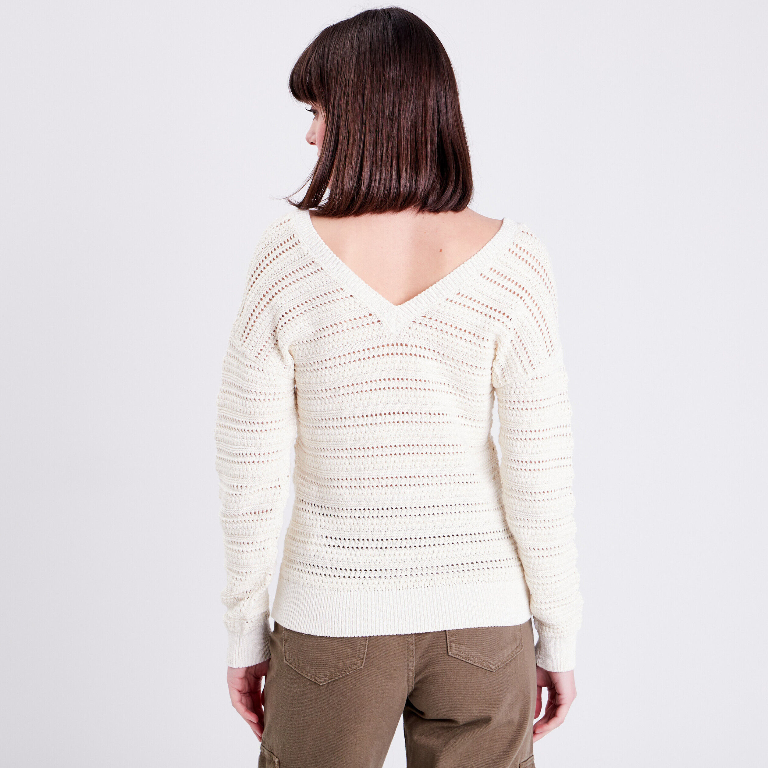 Pull ajouré col en V ecru femme | Cache Cache