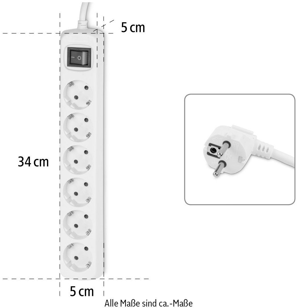 Hama Mehrfachsteckdose, 6-fach, Steckerleiste mit Schalter, 3 m Kabel Steckdosenleiste 6-fach (Kabellänge 3 m)