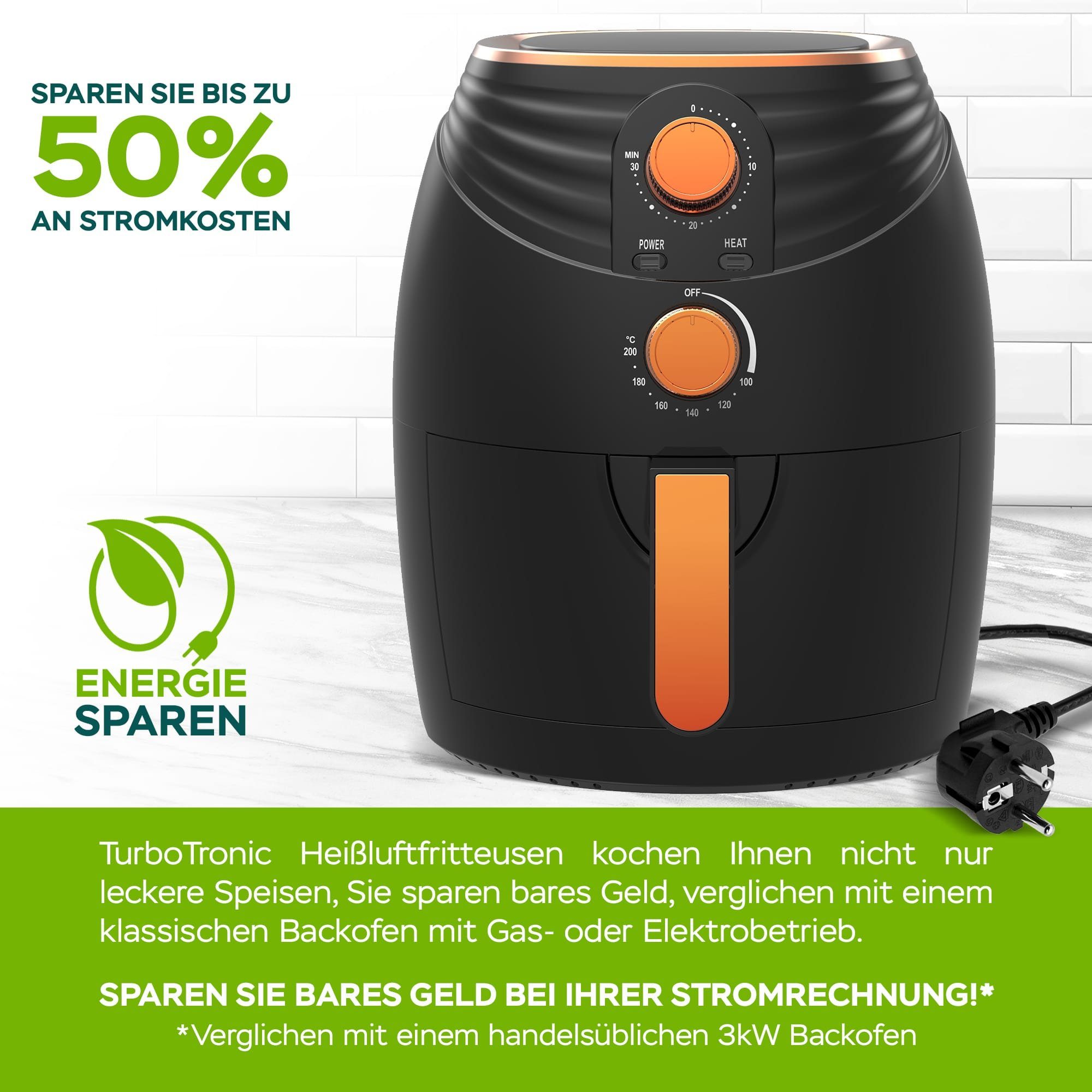 TurboTronic by Z-Line Heißluftfritteuse 3,5 Liter, stufenlose Fritteuse Fettfrei ohne Öl, 50°C - 200°C Power, 1200 W, Camping Retro Airfryer AF11M