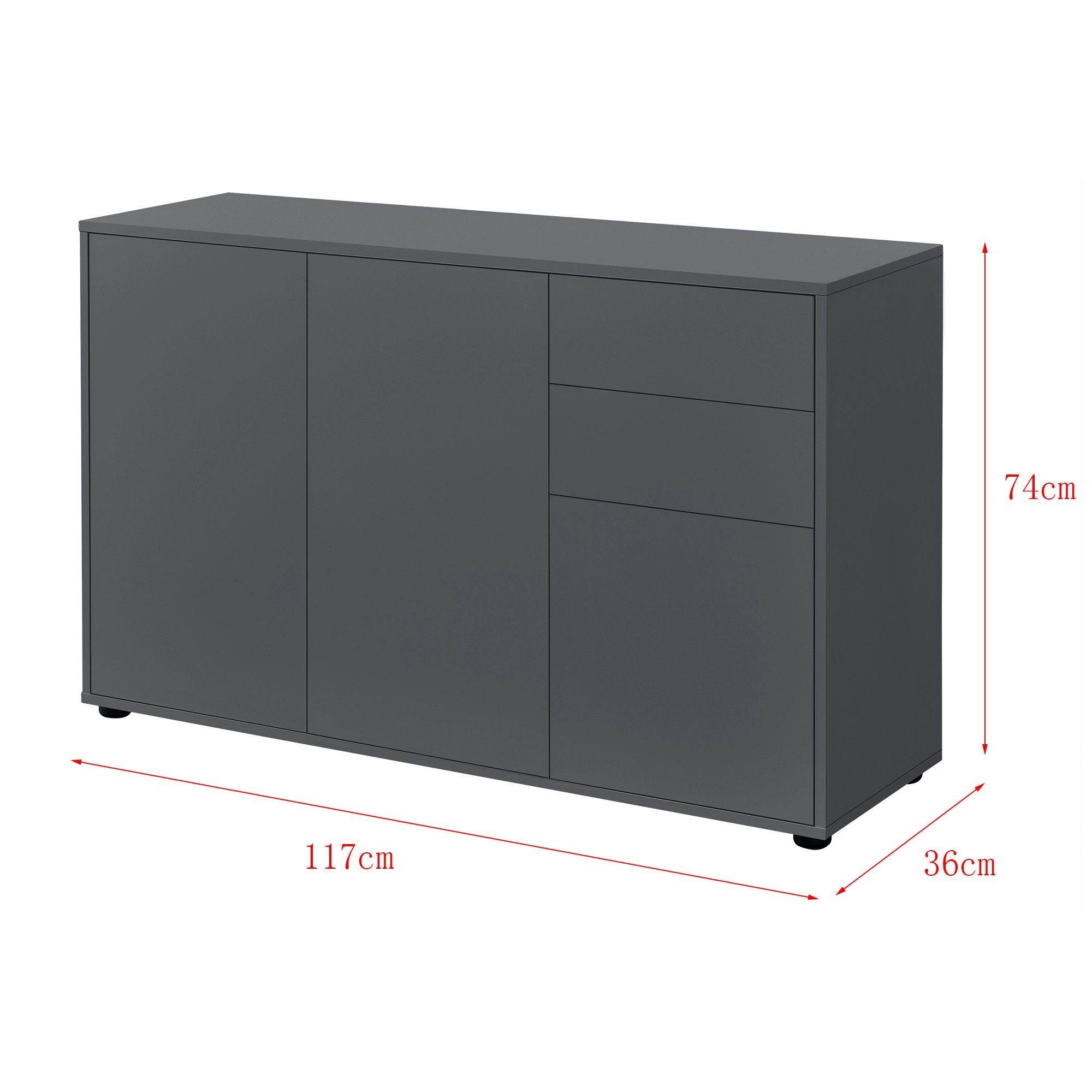 en.casa Sideboard, Paarl Kommode Schubladenschrank mit 3 Türen dunkelgrau matt