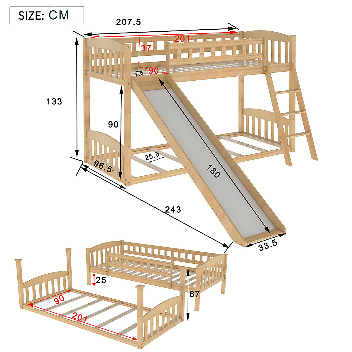 Etagenbett mit Rutsche, Niedriger Kinderbett Etagenbettrahmen Massives Kiefernbett 90 x 200 cm