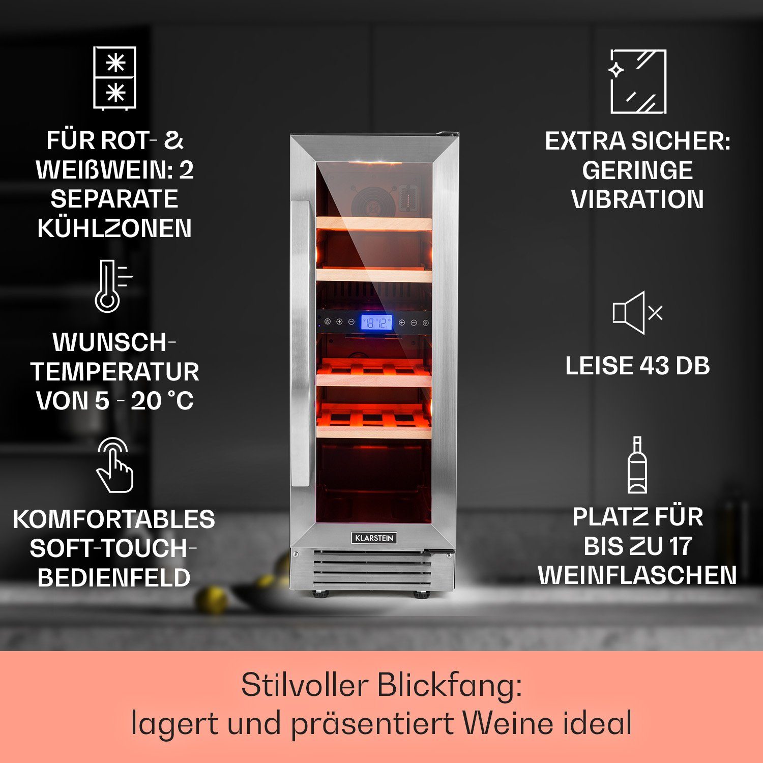 Klarstein Weinkühlschrank Vinovilla Duo 17, für 17 Standardflaschen á 0,75l,2 Zonen Wein Flaschenkühlschrank Weintemperierschrank Weinschrank