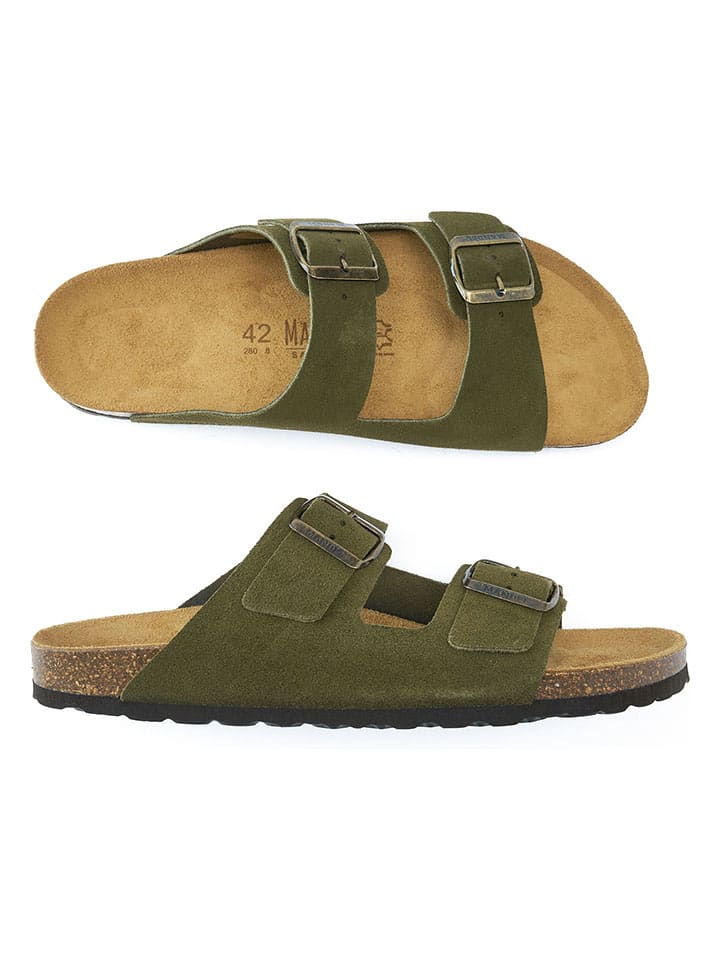 Mandel Leder-Pantoletten  in Khaki günstig kaufen