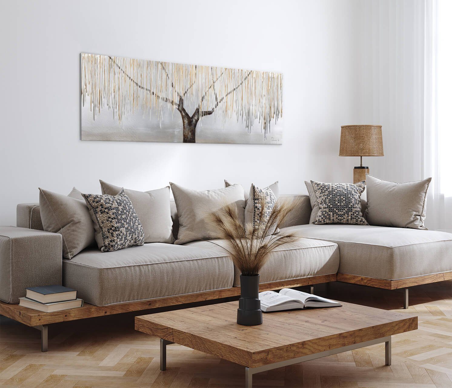 KUNSTLOFT Gemälde Trauerweide im Nebel 150x50 cm, Leinwandbild 100% HANDGEMALT Wandbild Wohnzimmer