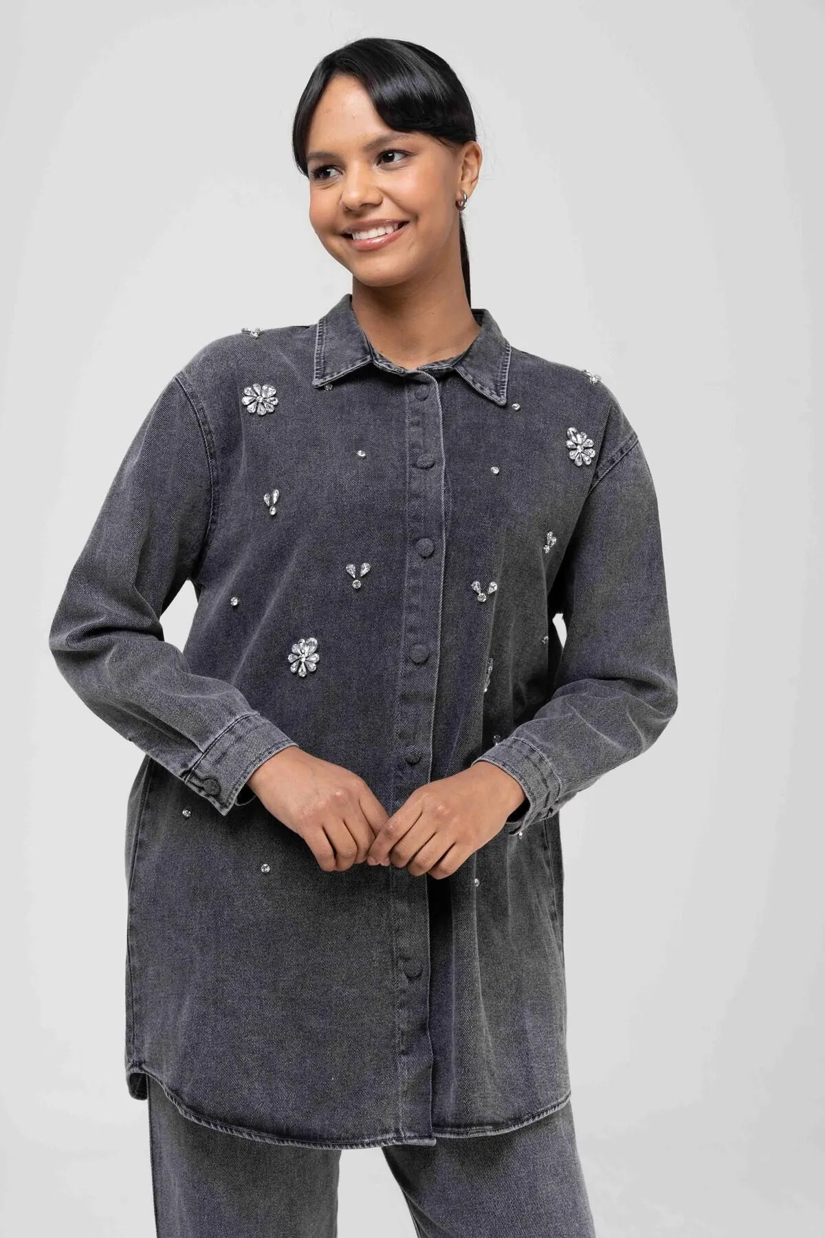 Olcay  Tuniği Jeansanzug mit Steinerbsen und Hose mit elastischer Taille ANTHRAZIT 9225-TK