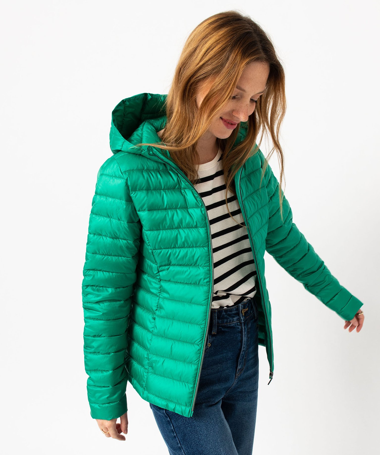 Doudoune à capuche rembourrage fin femme avec pochette vert | GEMO