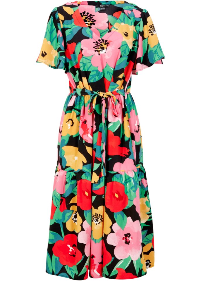 Bedrucktes Midi-Viskosekleid mit V-Ausschnitt