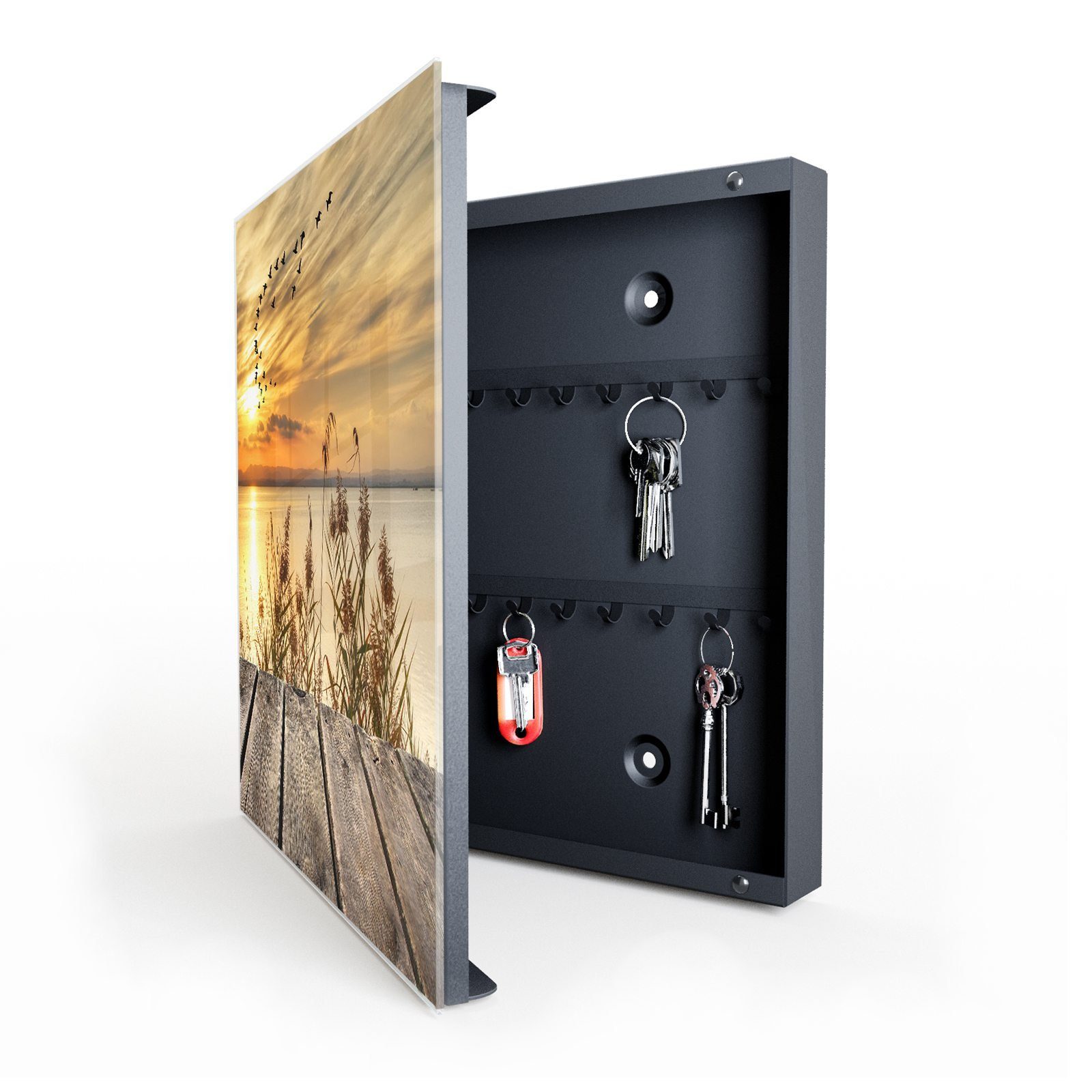 Primedeco Schlüsselkasten Dekor-Schlüsselkasten, Magnetpinnwand und Memoboard mit Glasfront Motiv Steg am Meer im Sonnenschein