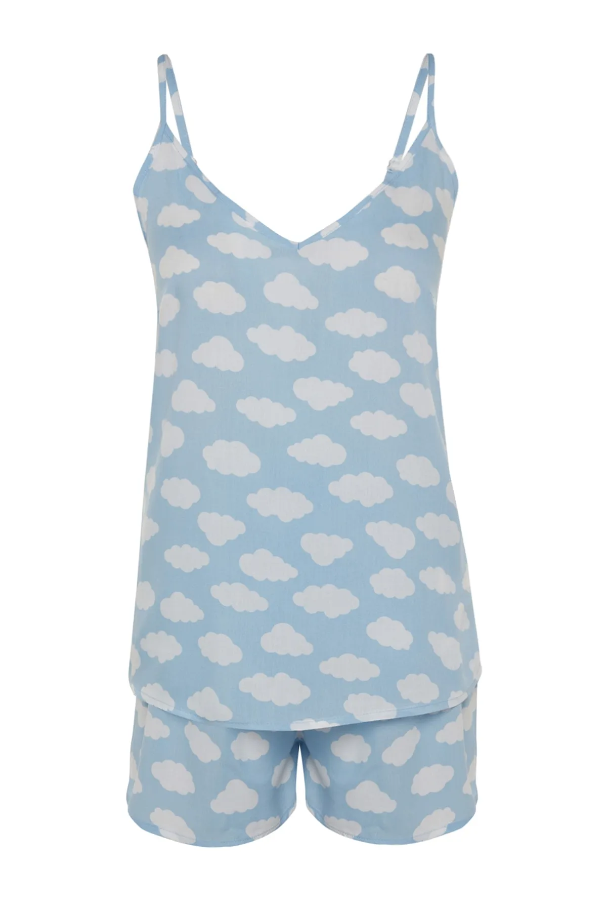 Trendyol Collection  Hellblaues Pyjama-Set aus Viskosegewebe mit Wolkenmuster und Schnürriemen THMSS23PT00006