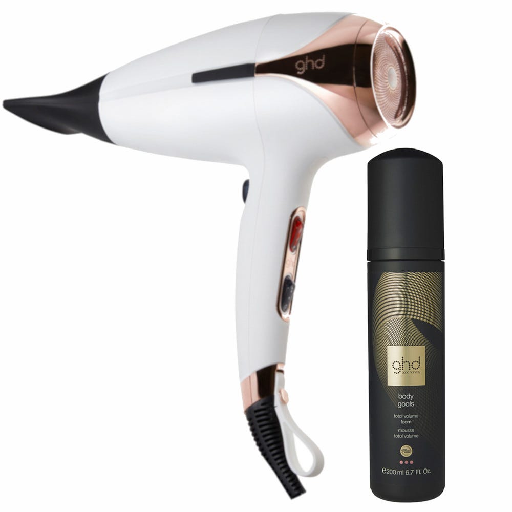 ghd helios Haartrockner weiß & body goals Volumschaum Pflegebundle