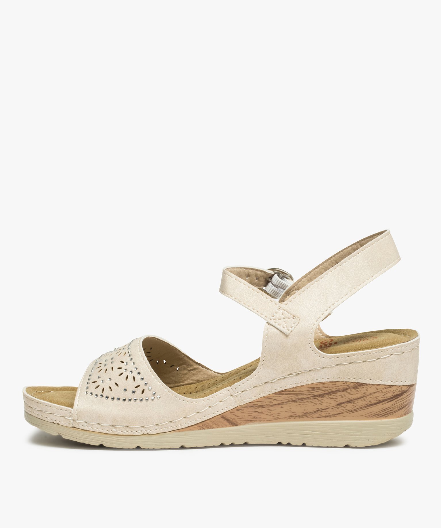 Sandales femme confort à talon dessus ajouré et strass beige | GEMO