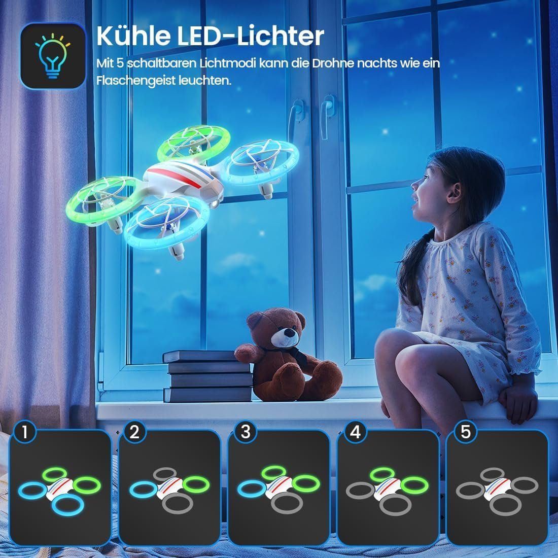 DEERC D23 Mini Drohne für Kinder,RC Quadrocopter mit 2 modulare Akkus Drohne (LED-Lichter 3D-Flips Höhenhaltung:Perfektes DrohnengeschenkfürAnfänger)