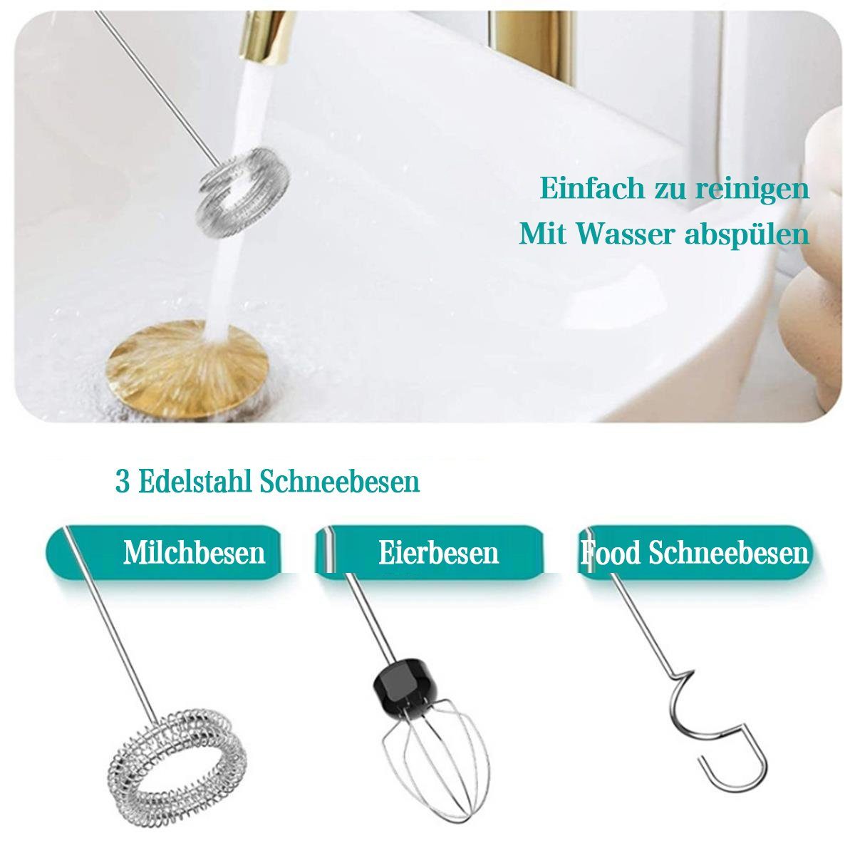 flowgoer Milchaufschäumer Elektrischer Milchaufschäumer mit drei Quirls, wiederaufladbar, Robuster Edelstahl, vielseitig und leise, drei Geschwindigkeiten