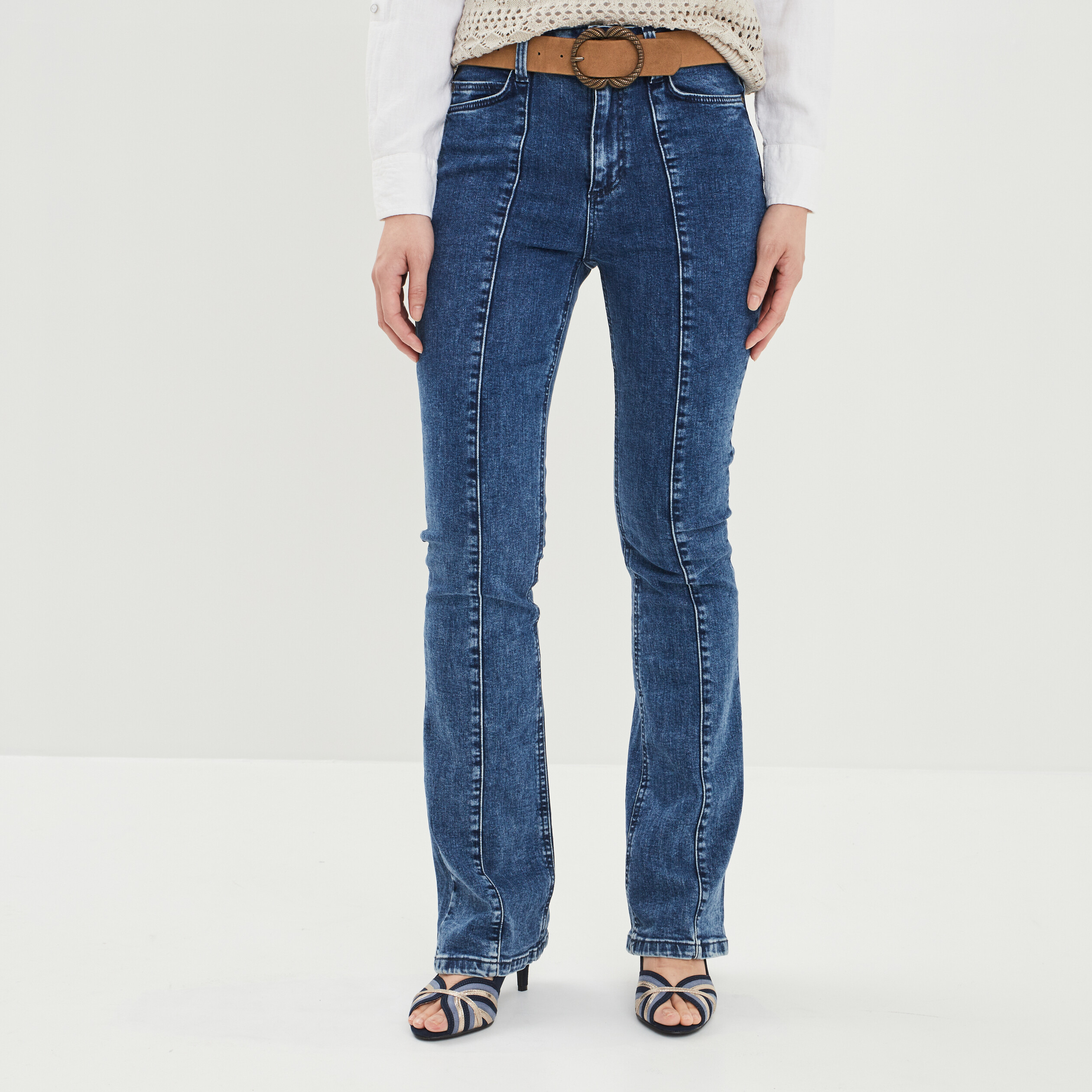 Jeans bootcut taille haute ceinturé denim brut femme | La Halle