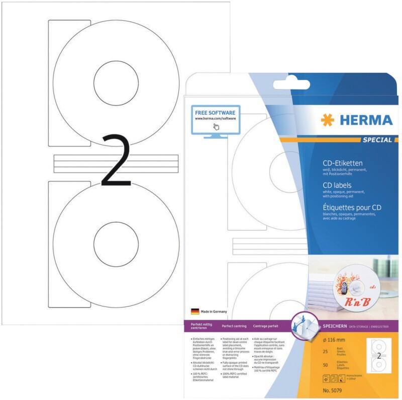 HERMA SPECIAL A4 CD/DVD Etiketten 5079 haftend DIN A4 Weiß 116 x 116 mm 25 Blatt à 2 Etiketten