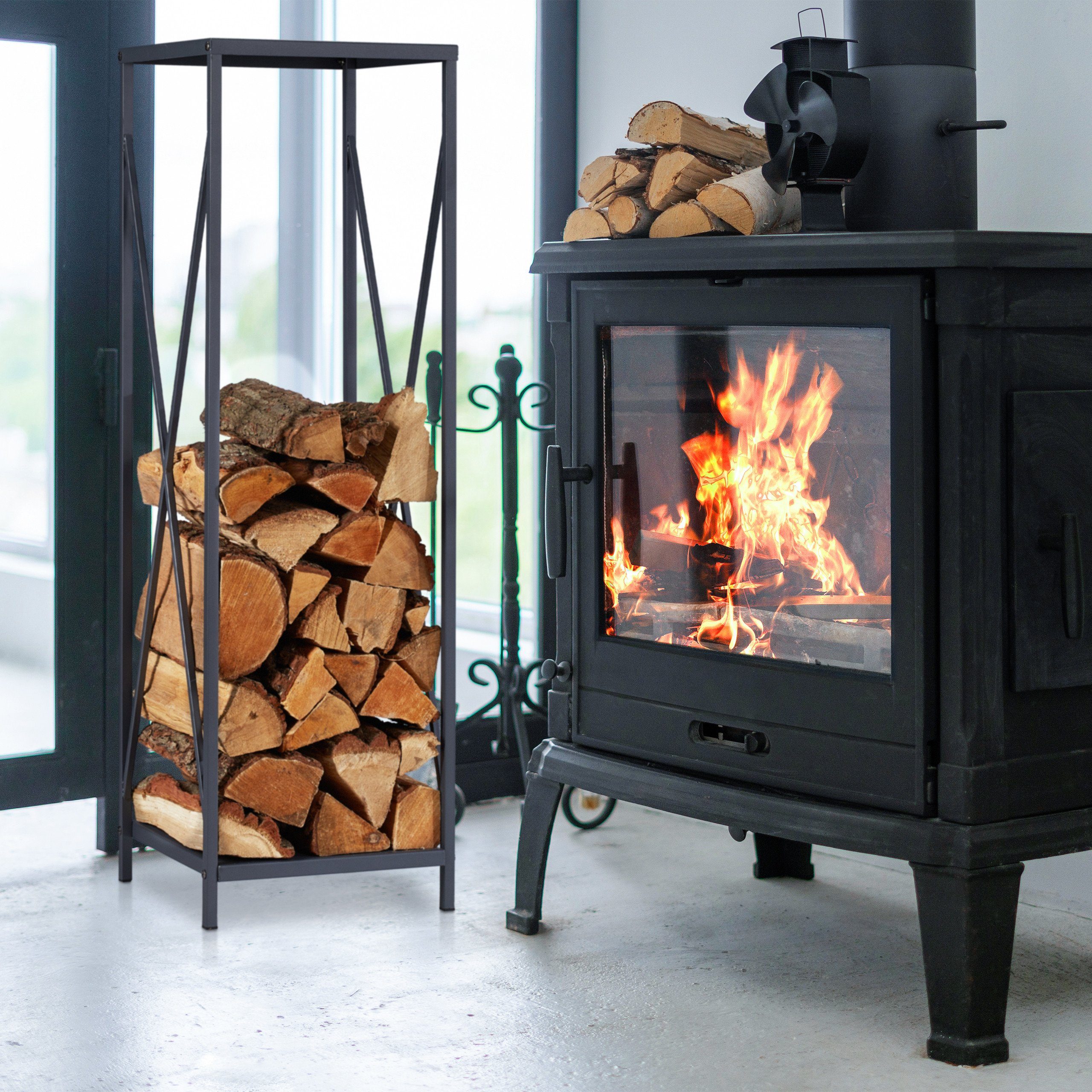 relaxdays Kaminholzregal Graues Kaminholzregal aus Metall, BxTxH:34x34x112 cm