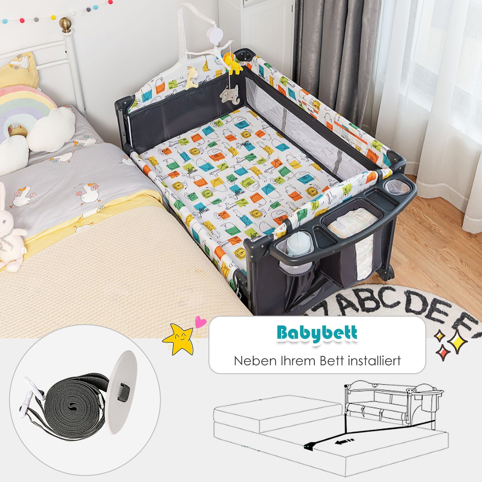 COSTWAY Baby-Reisebett 5 in1 Beistellbett, mit Matratze, höhenverstellbar