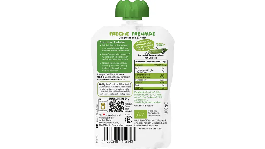 Freche Freunde Quetschie Apfel, Banane, Spinat & Gurke 100 g