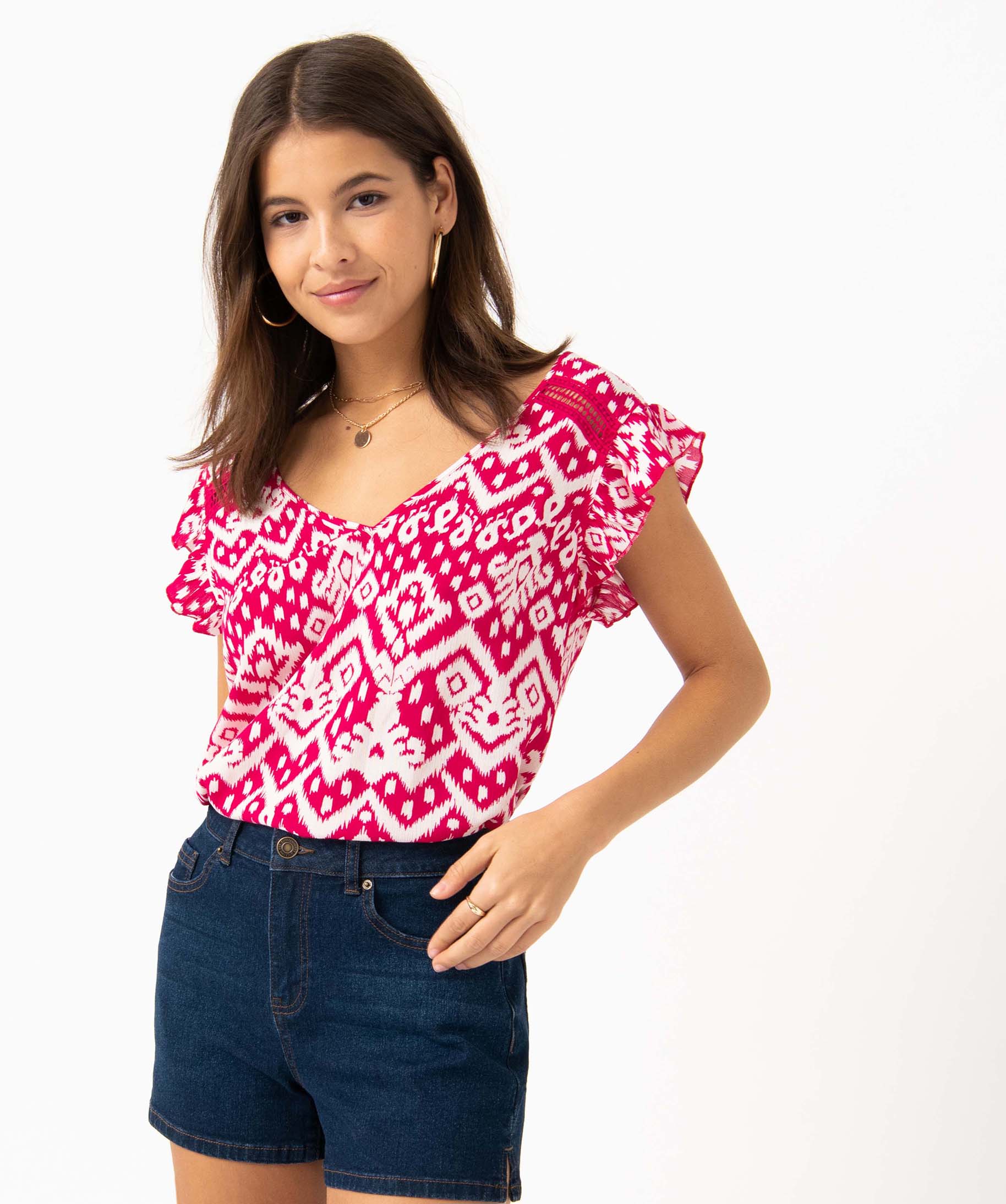 Blouse femme sans manches look boho à volants et dentelle imprime | GEMO