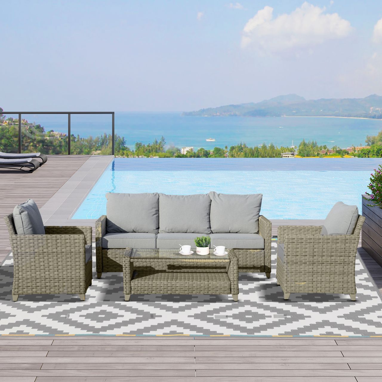 Outsunny 4-tlg. Polyrattan Gartenmöbel Set Sitzgruppe mit Couchtisch Alu Braun