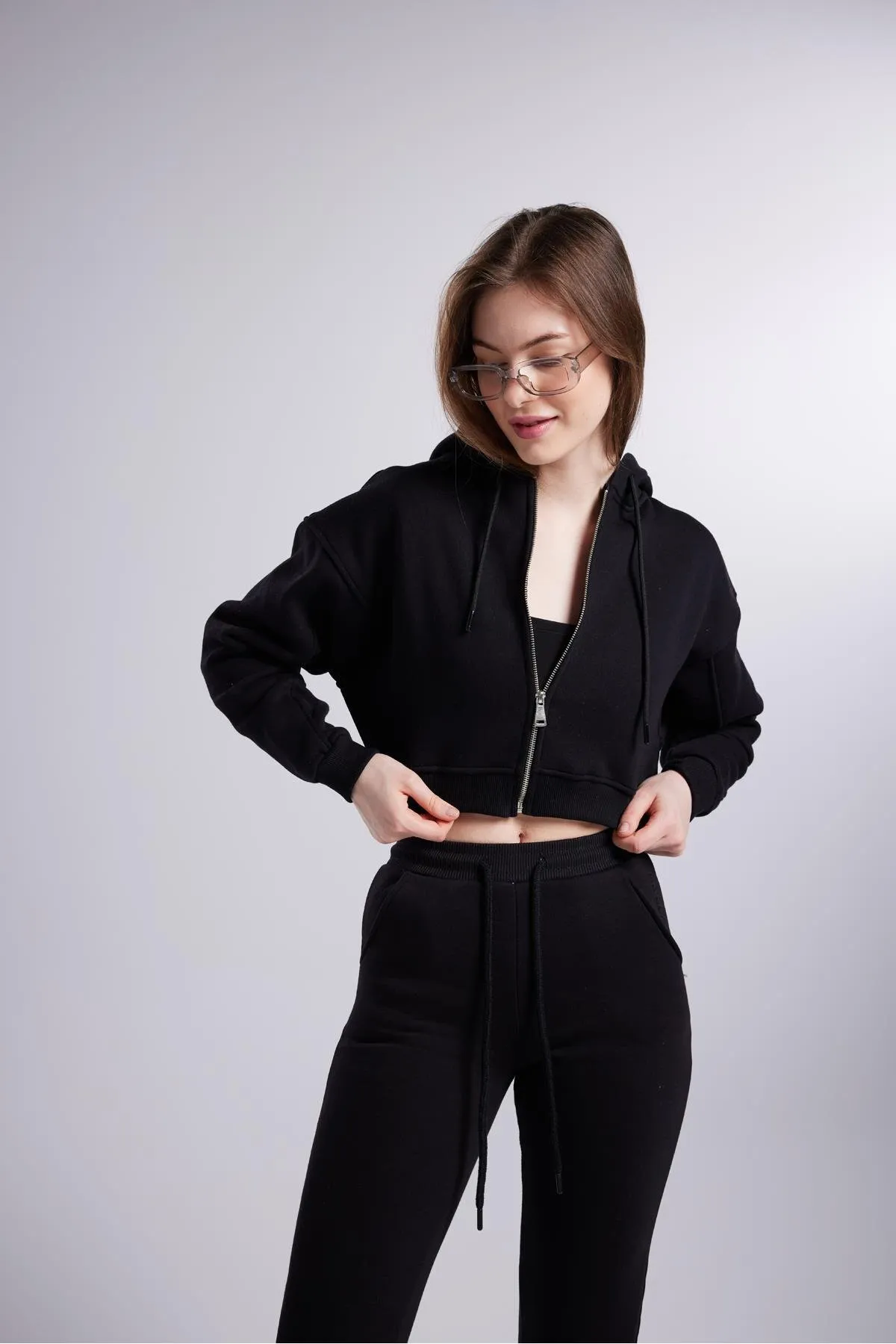 HOLLY LOLLY  Schwarze Damen-Jogginghose mit hoher Taille und geradem Schnitt in Roségold