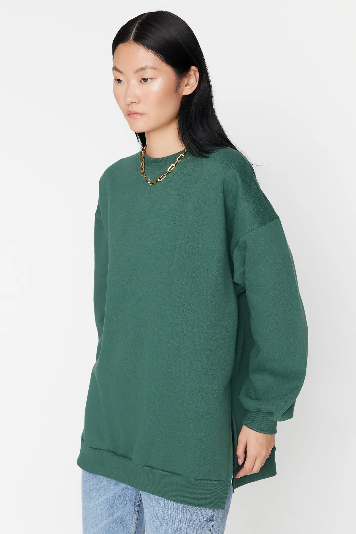Trendyol Collection  Grünes Oversize/Weite Passform Gestricktes Sweatshirt mit Schlitzdetail innen aus dickem Fleece TWOAW23SW00195