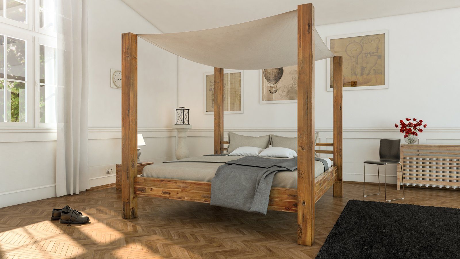 SAM® Himmelbett Johanna, Balkenbett mit Himmel, Akazie, robuste Bettpfosten, geteiltes Kopfteil