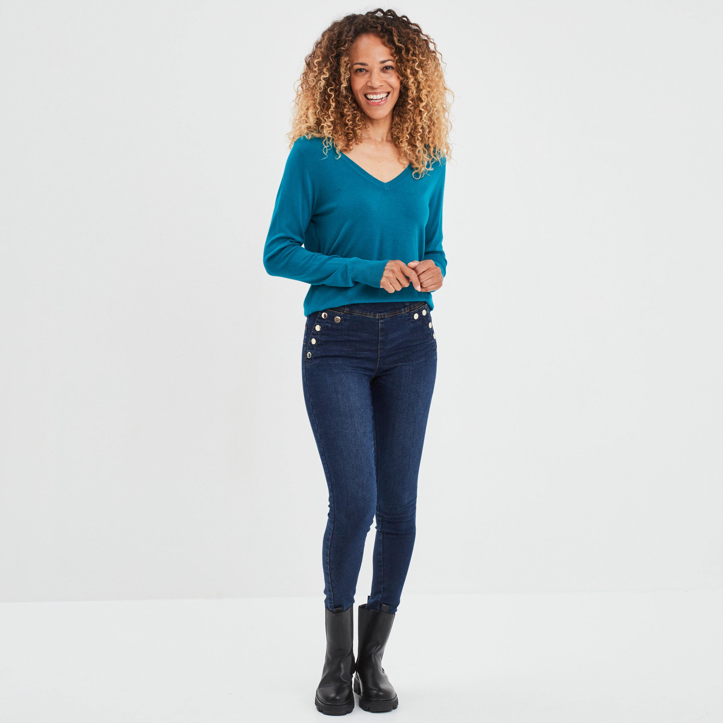 Pull col en V détails ajourés bleu canard femme | La Halle