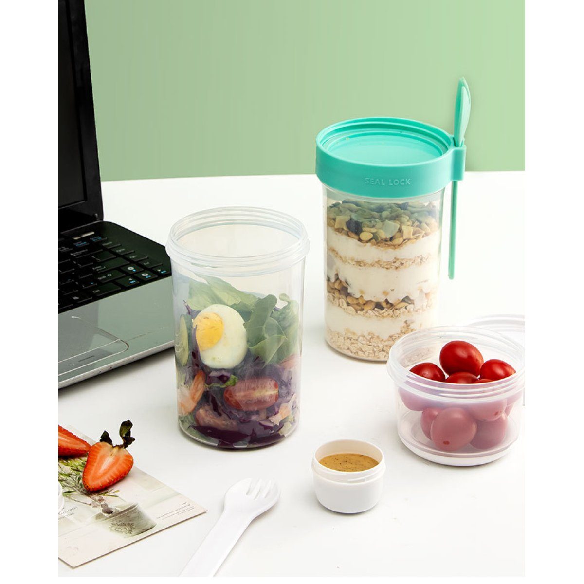 JedBesetzt Joghurtgläser Müslibecher to go,mit Dressingbehälter,310ml+760ml