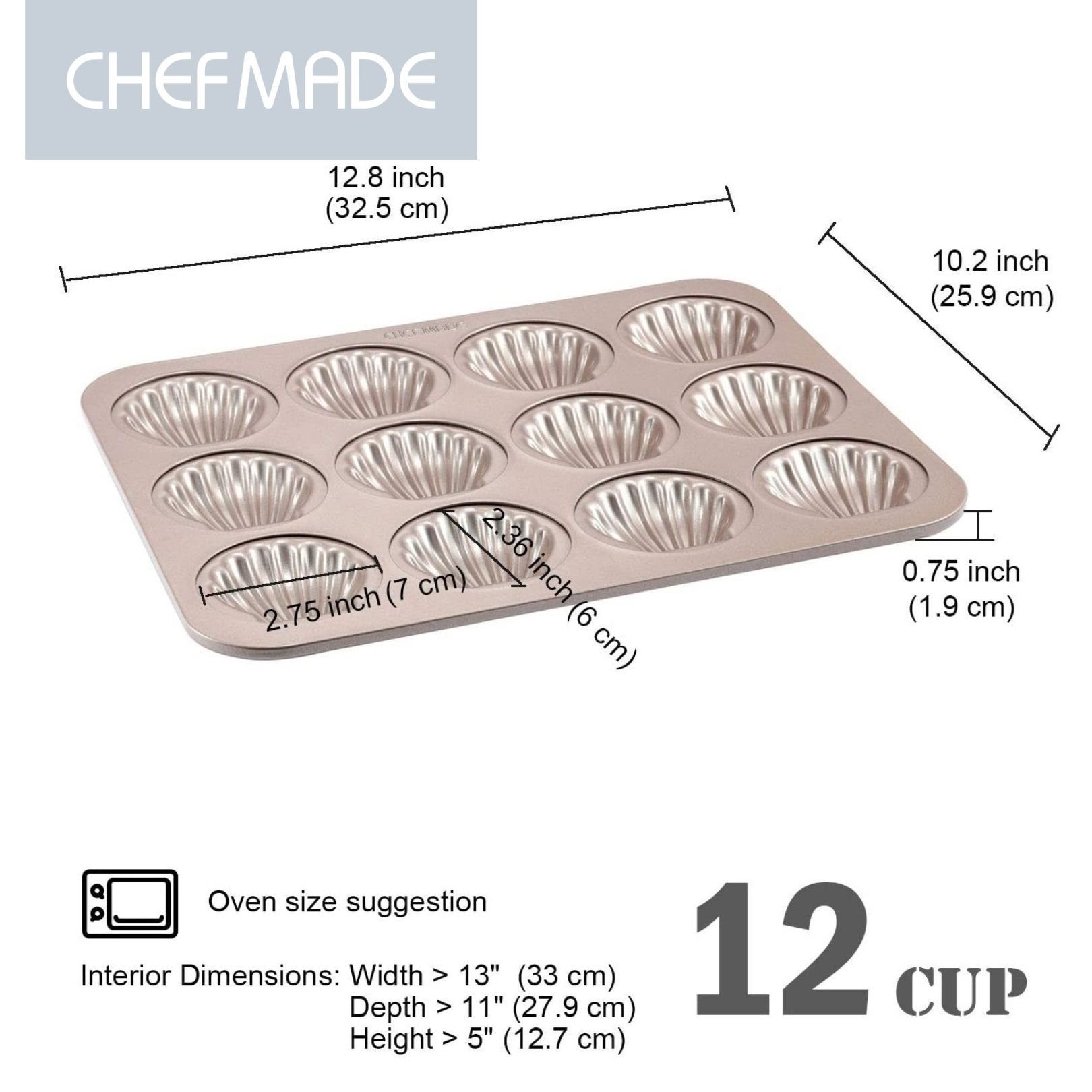 Chefmade Backblech Kuchenblech, Karbonstahl, (CHEFMADE, 12 Mulden Madeleineblech, 325x257x19mm, Champagnergold, antihaft- & silikonbeschichtet, Bärentatzen-Form, Backförmchen, Muschelmotiv, Financiers Form, Keksform, Karbonstahl, 1-St., Premium), Mad
