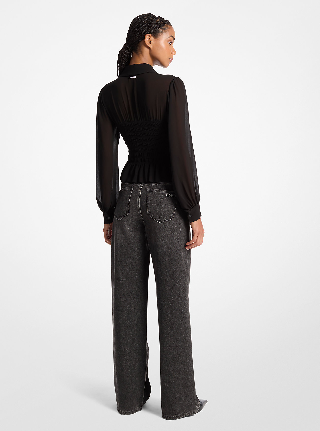 Smocked Georgette-skjorte - SVART