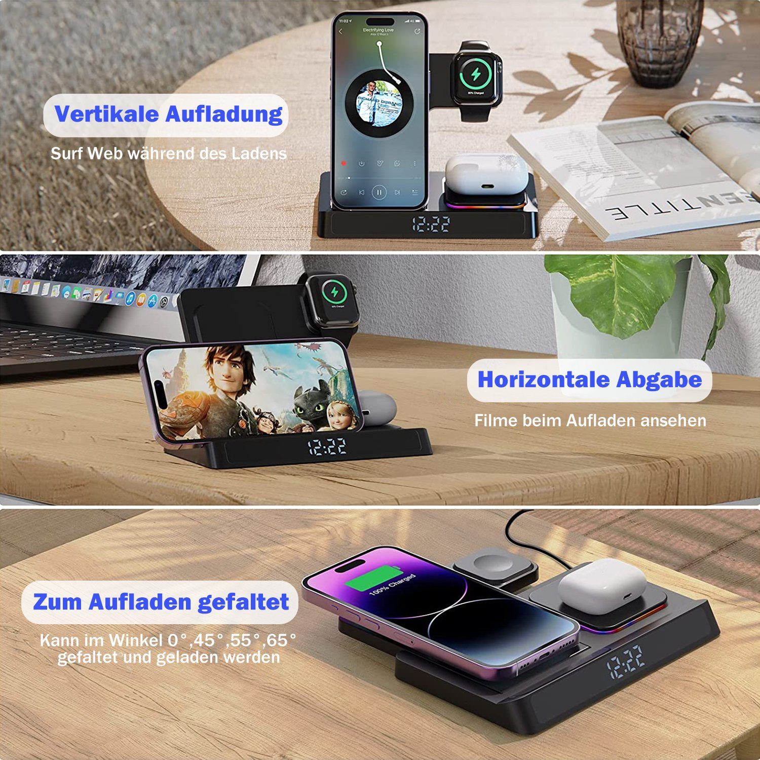 JOEAIS Handy-Dockingstation Induktive Ladestation 4 in 1 Kabellose Ladegerät Wireless Charger, (für Samsung Galaxy/Xiaomi/Note/Galaxy Buds/AirPods, mit USB Kabel für iPhone 14 13 12Pro Mini Pro Max), Handy Charging Station für Apple iWatch iPhone Air