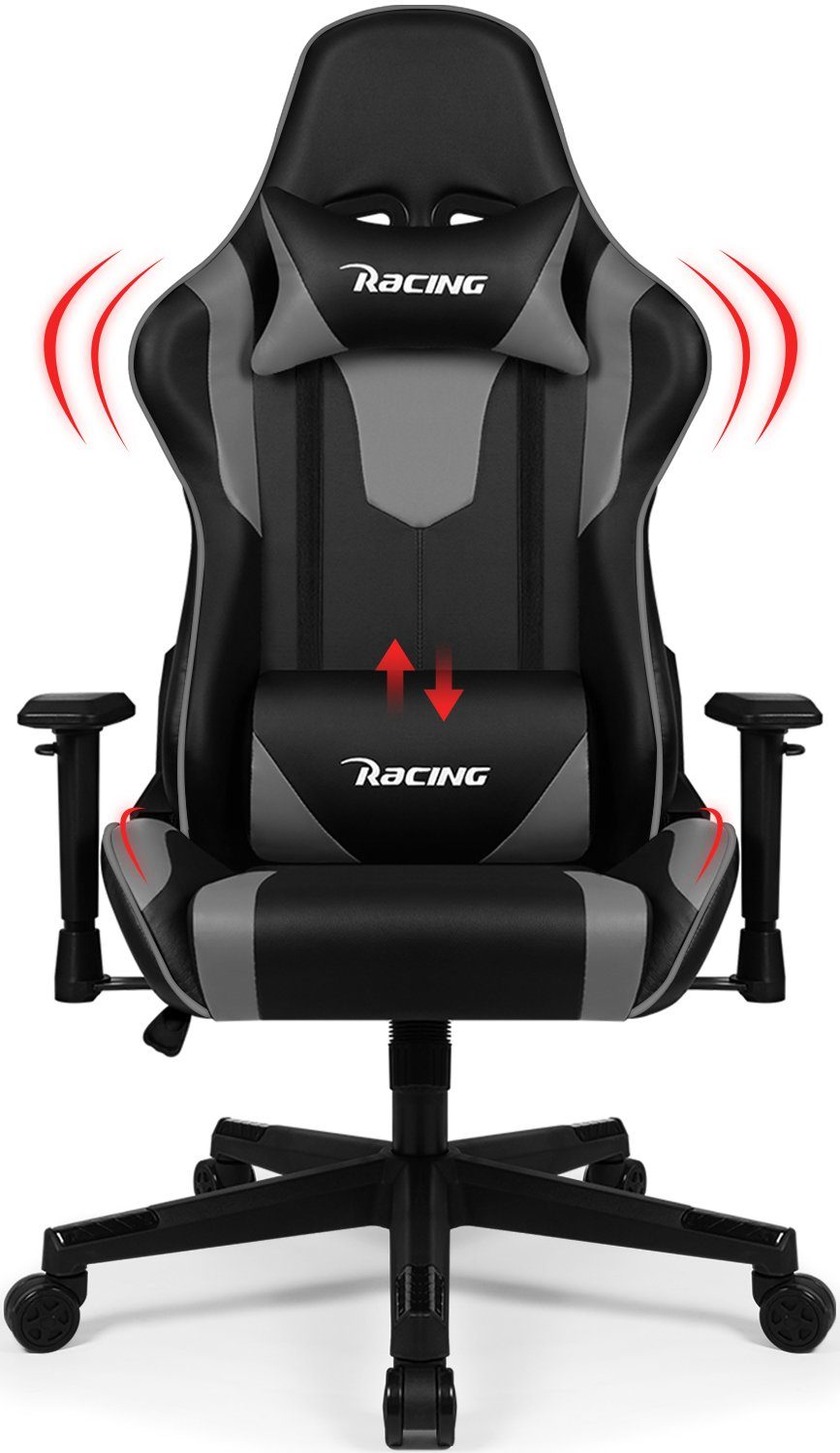 Authmic Gaming-Stuhl Gaming Stuhl, Bürostuhl (Ergonomischer Schreibtischstuhl (mit verstellbare Kopfstütze und Lendenwirbelstütze, Computerstuhl mit Lendenkissen,Gamer Stuhl Wippfunktion 90°-165°, PC Gamer Racing Stuhl bis 150kg)
