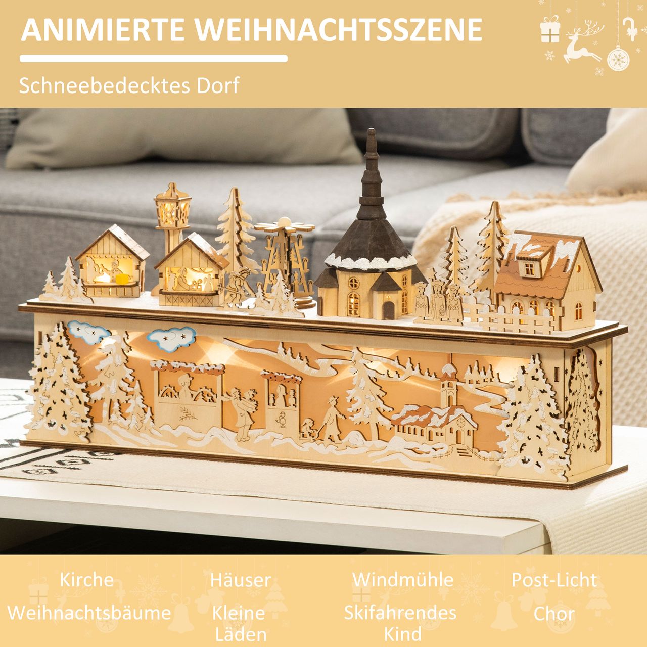 HOMCOM Weihnachtsdeko Verschneites Weihnachtsdorf mit 10 LEDs Natur 45x10x25 cm