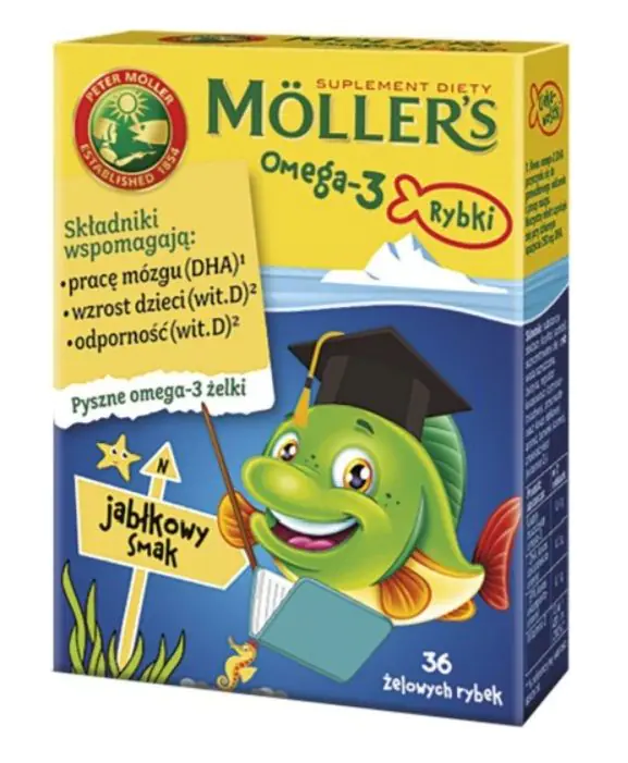 „Mollers Omega-3 Fish“ drebučiai su omega-3 rūgštimis ir vitaminu D3 vaikams, obuolių skonio