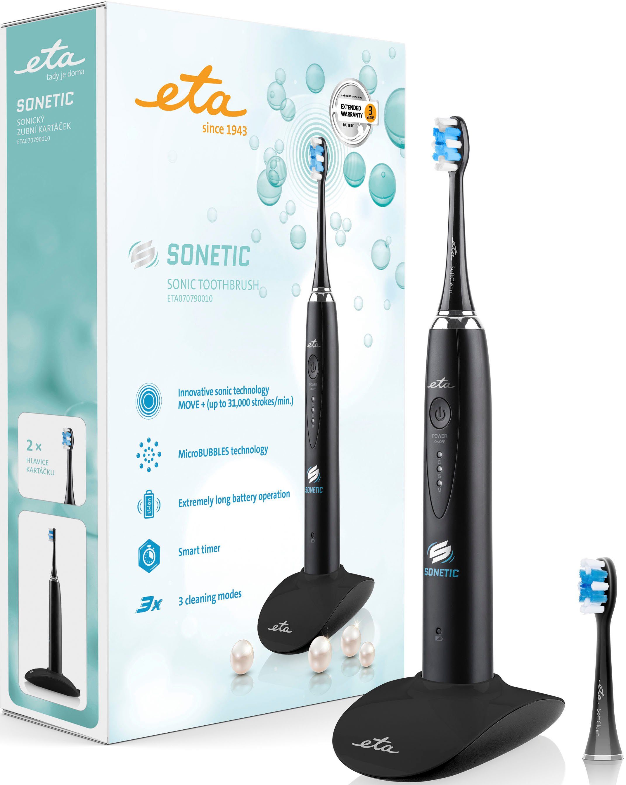eta Schallzahnbürste Sonetic Schallzahnbürste, ETA070790010, Aufsteckbürsten: 2 St., MicroBUBBLES Technologie