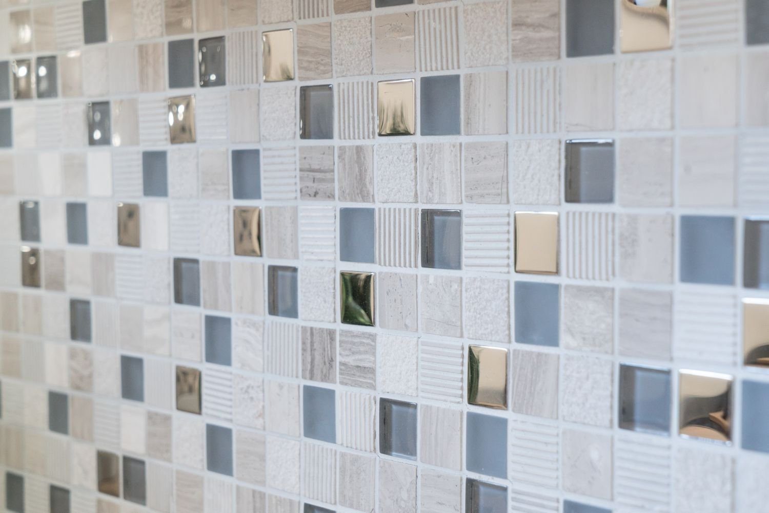 Mosani Mosaikfliesen Glasmosaik Naturstein Mosaik hellgrau silber matt / 10 Matten