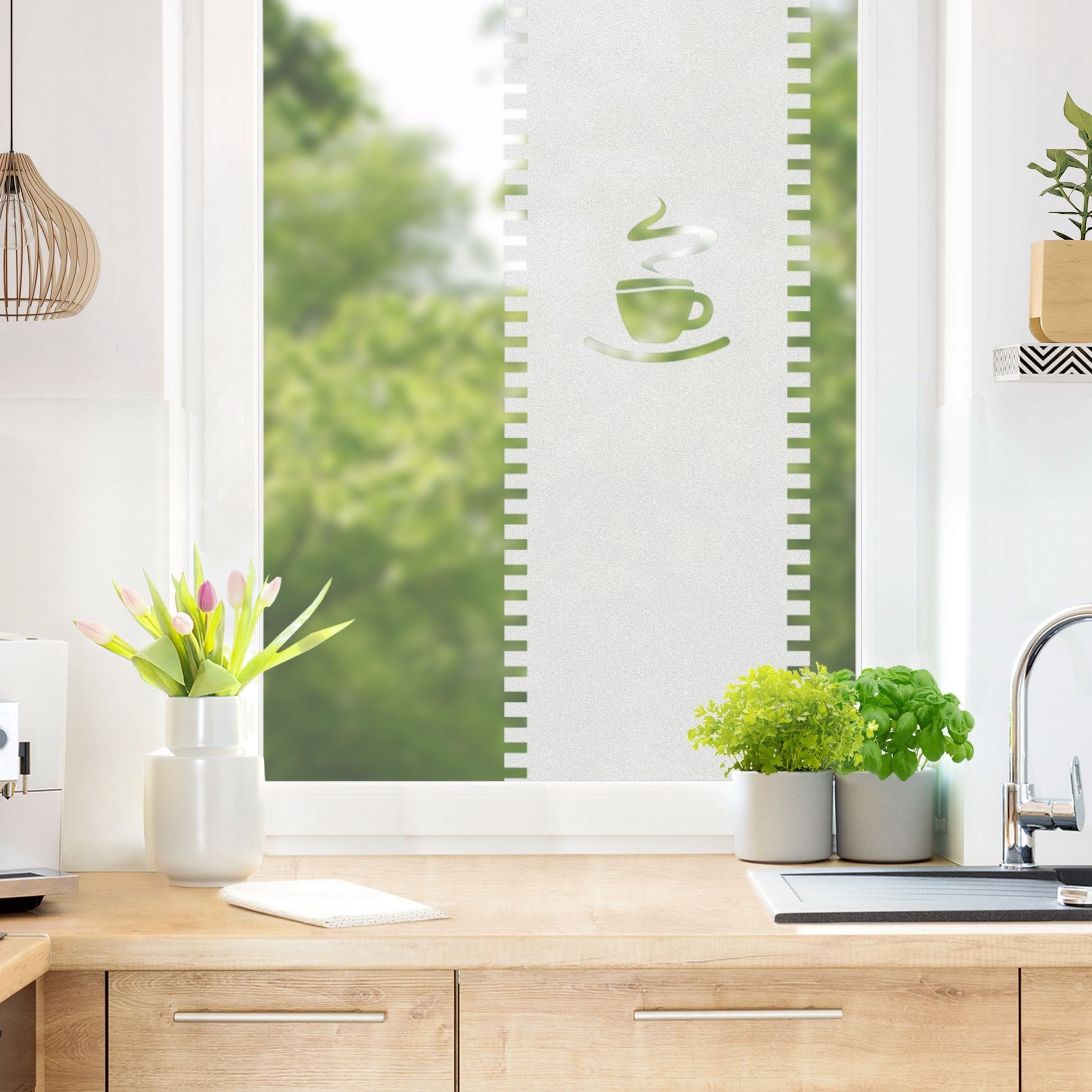 Fensterfolie statisch haftend Motiv Fensterdeko Gardine Tasse Küche, Bilderdepot24, blickdicht, Innen Fenster Tür Balkontür Küche Esszimmer Küchenfenster