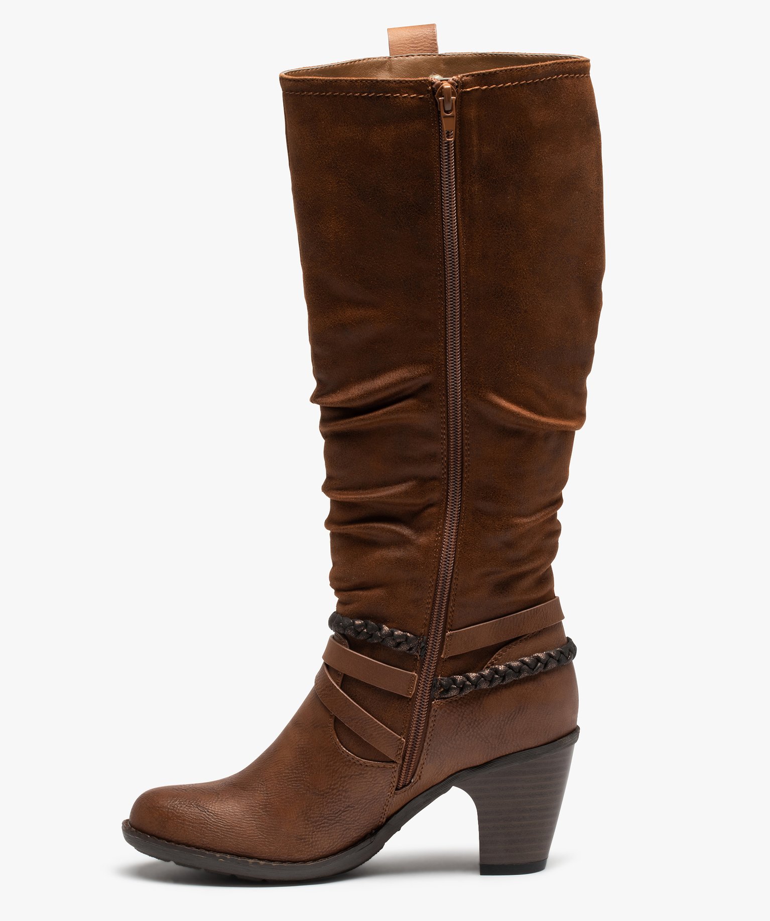 Bottes femme à talon rainuré et brides fantaisie camel | GEMO