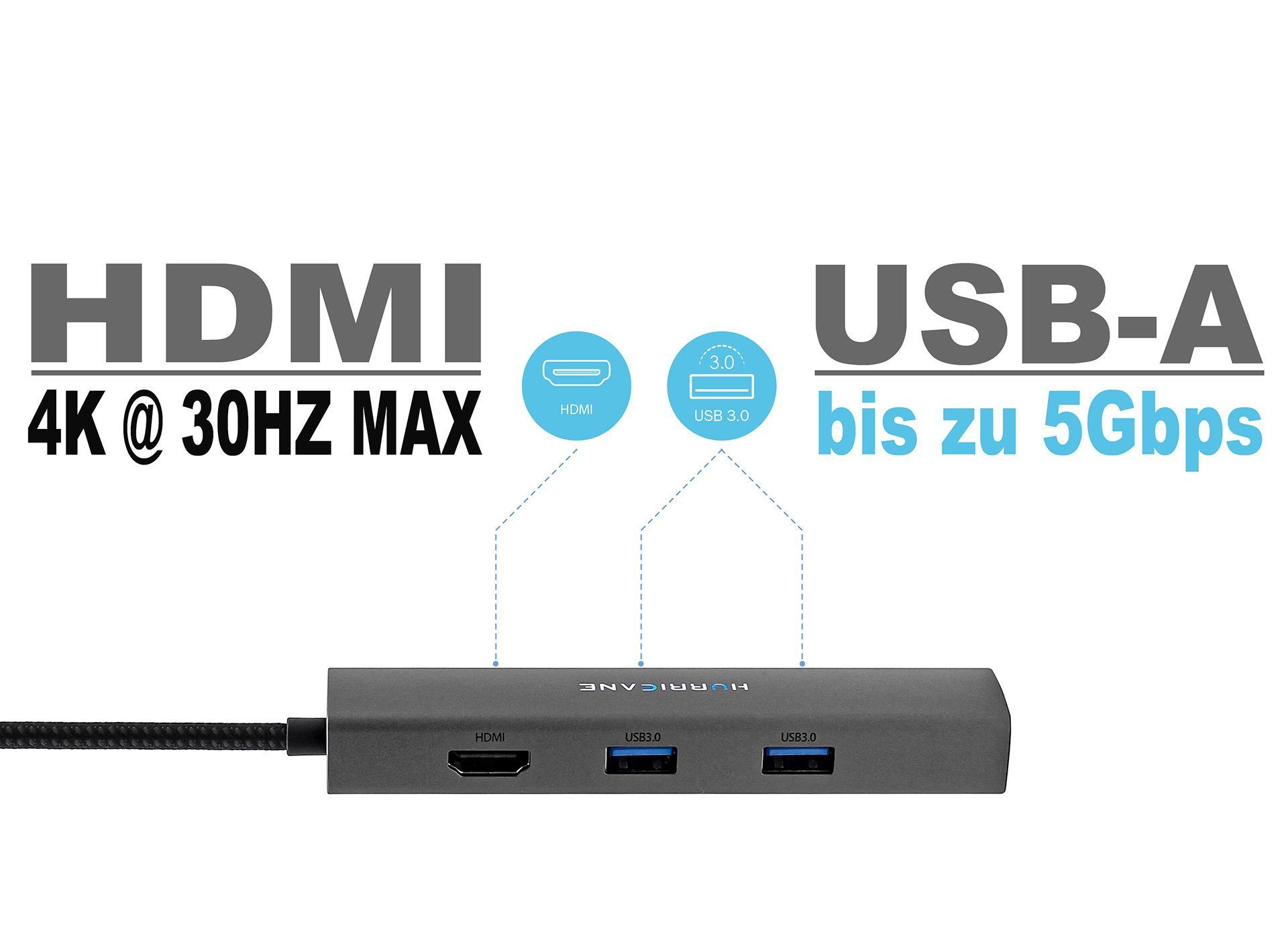 HURRICANE Laptop-Dockingstation C0546 USB-C Hub Aluminium Dockingstation 6 in 1 Multiport 4K HDMI, LAN Ethernet RJ45, 100W PD USB 3.0 für Laptop Notebook MacBook PC HDD