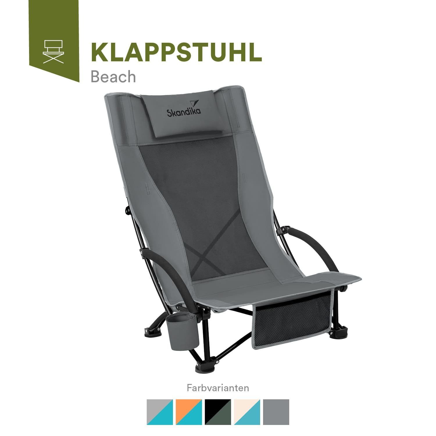 Skandika Campingstuhl SKANDIKA Strandstuhl Beach (grau), mit atmungsaktivem Mesh, Getränkehalter, niedrig