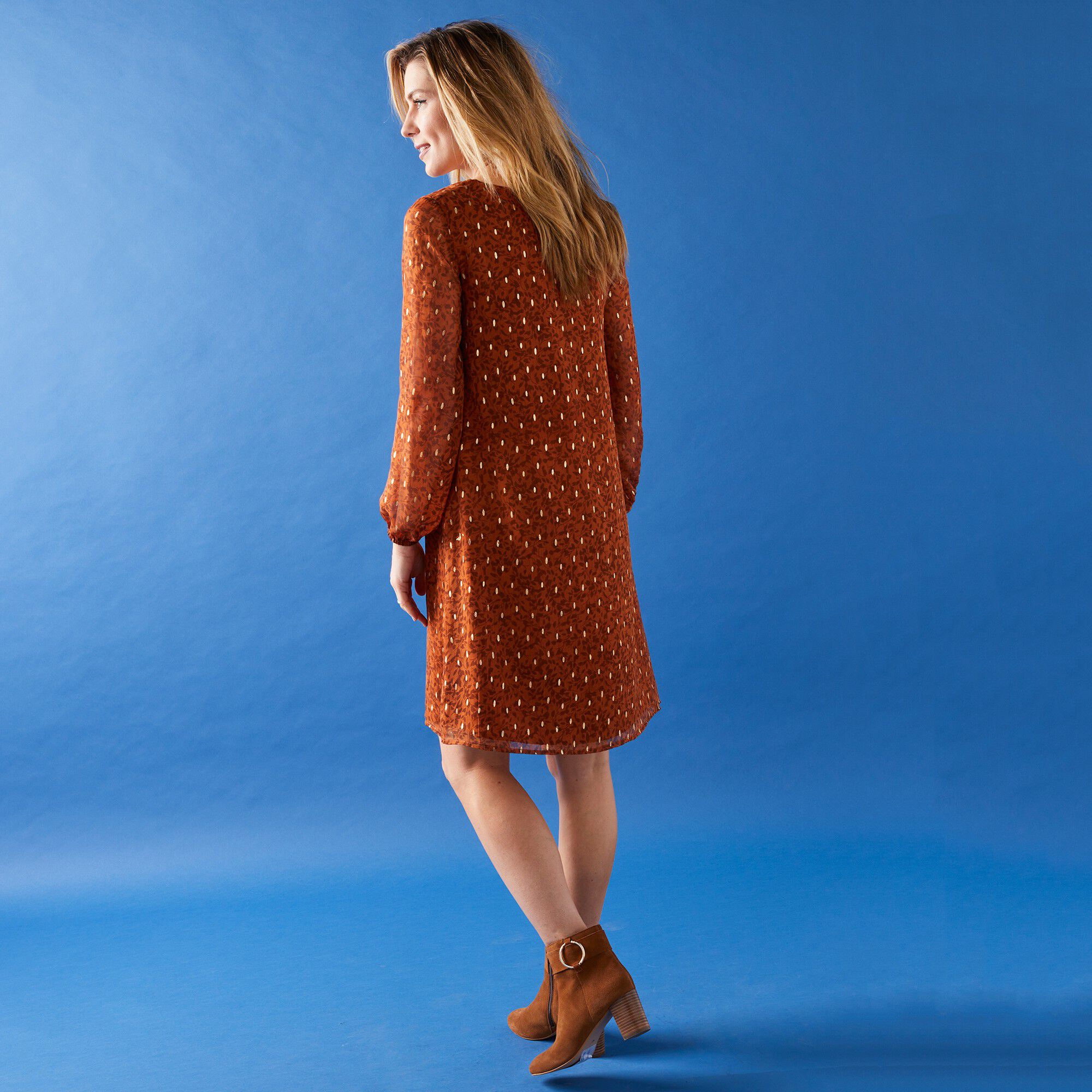 Robe évasée voile imprimé doré