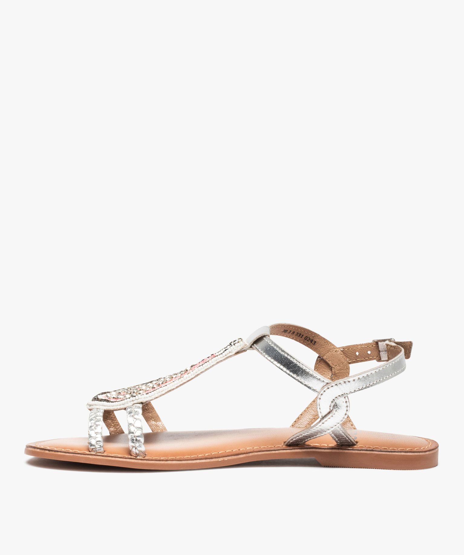 Sandales femme plates ornées de perles et intérieur cuir argent | GEMO