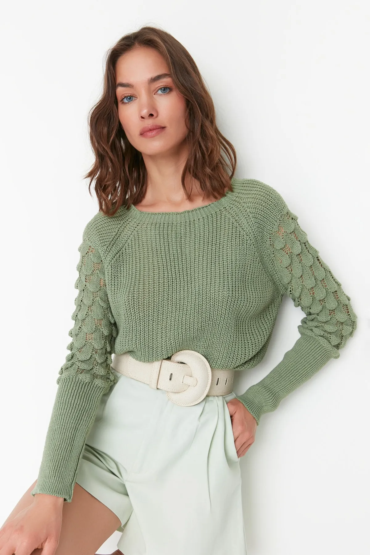 Trendyol Collection  Mintgrüner strukturierter Strickpullover mit Rundhalsausschnitt TWOAW20KZ0130