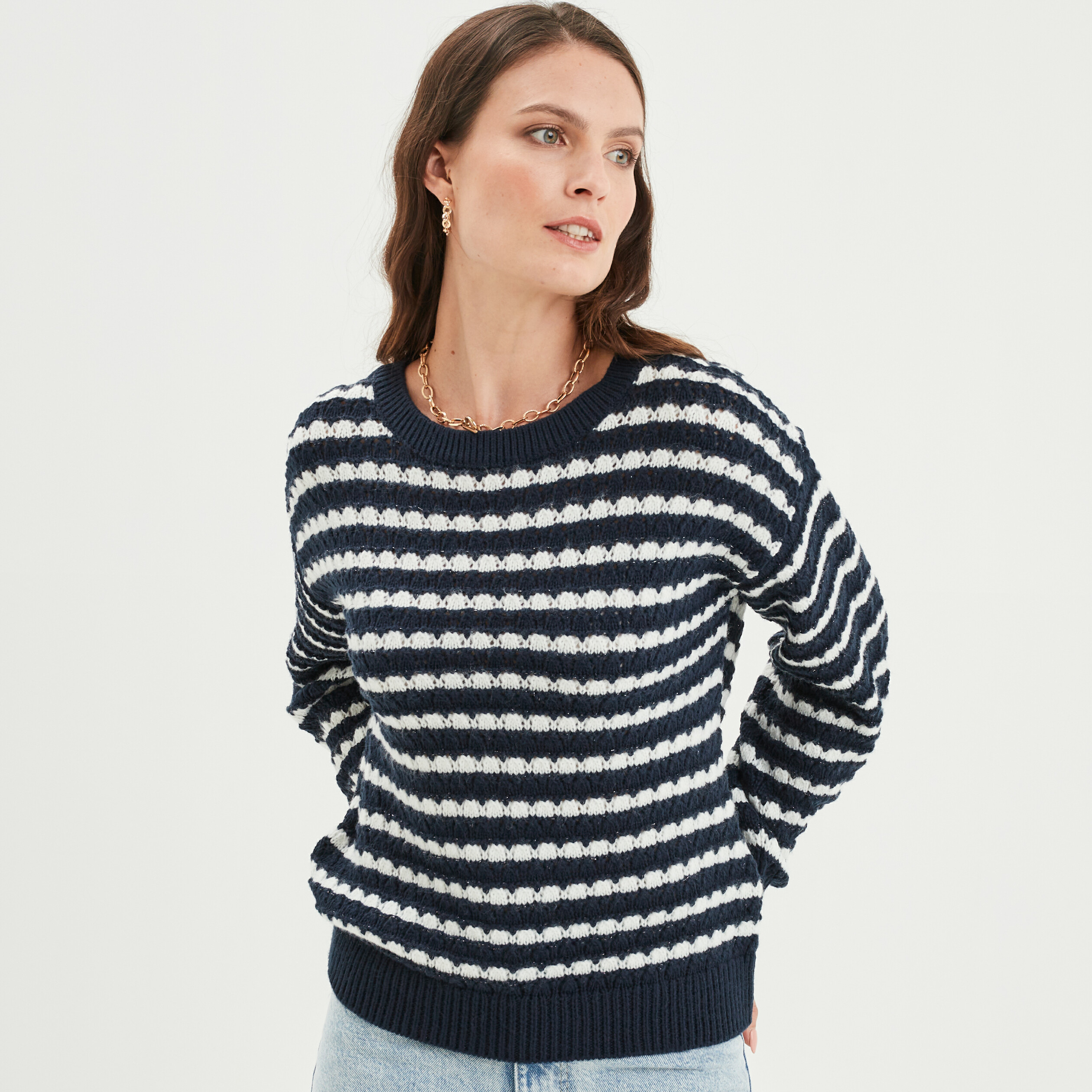 Pull col rond fils métallisés Creeks bleu marine femme | La Halle