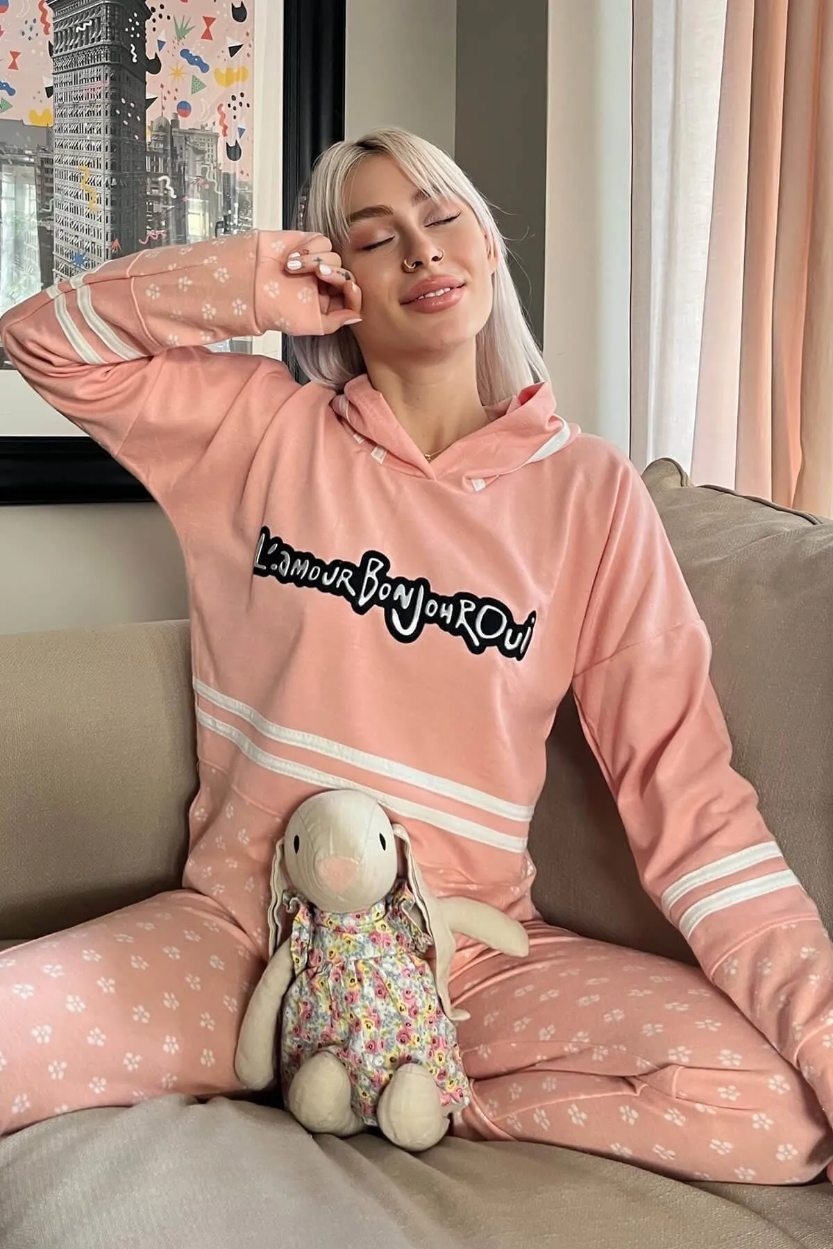 Pijamaevi  Salmon Bonjour Street gemustertes, weiches Strick-Pyjama-Set