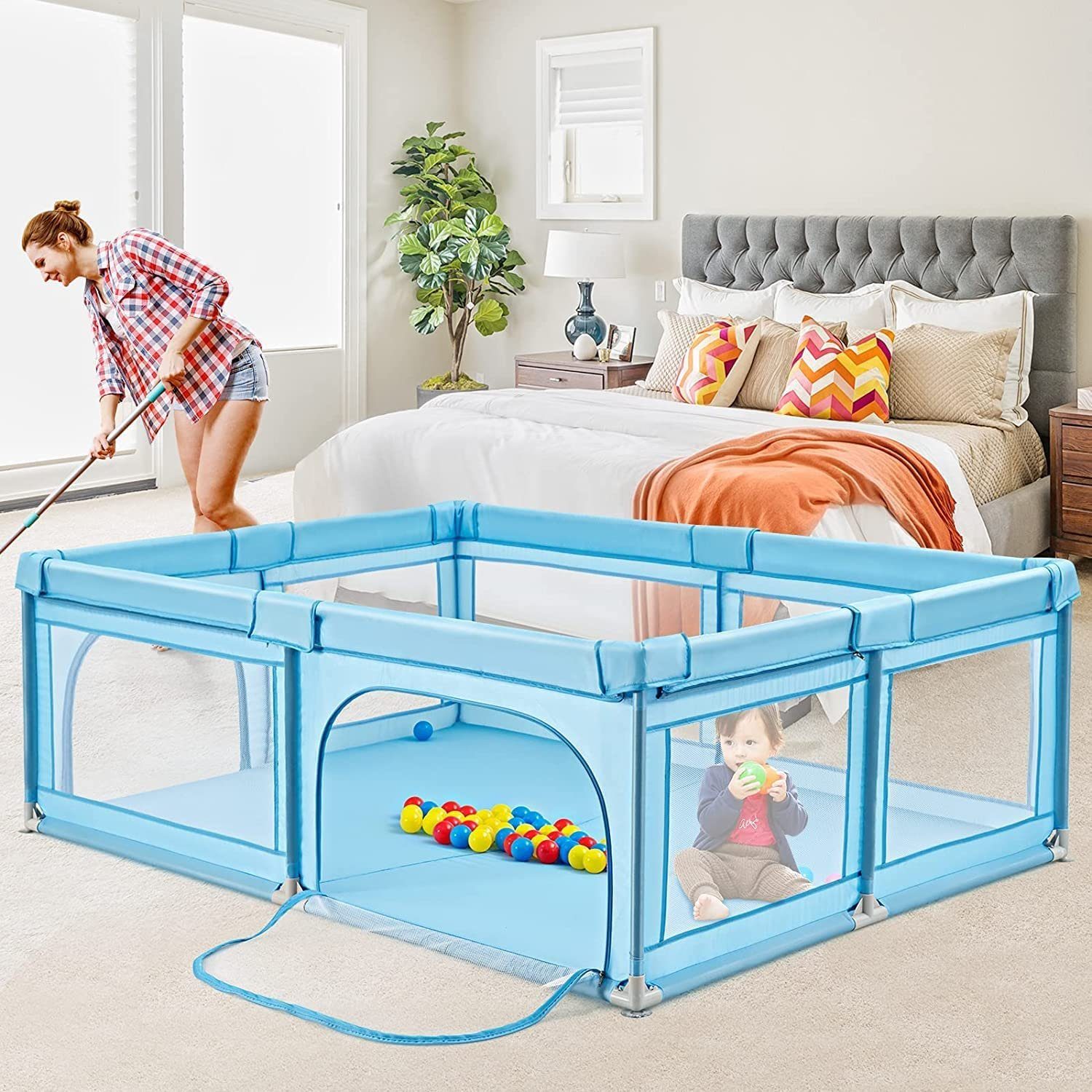 KOMFOTTEU Laufstall Krabbelgitter, mit 50 Spielbällen, 205x147x68cm