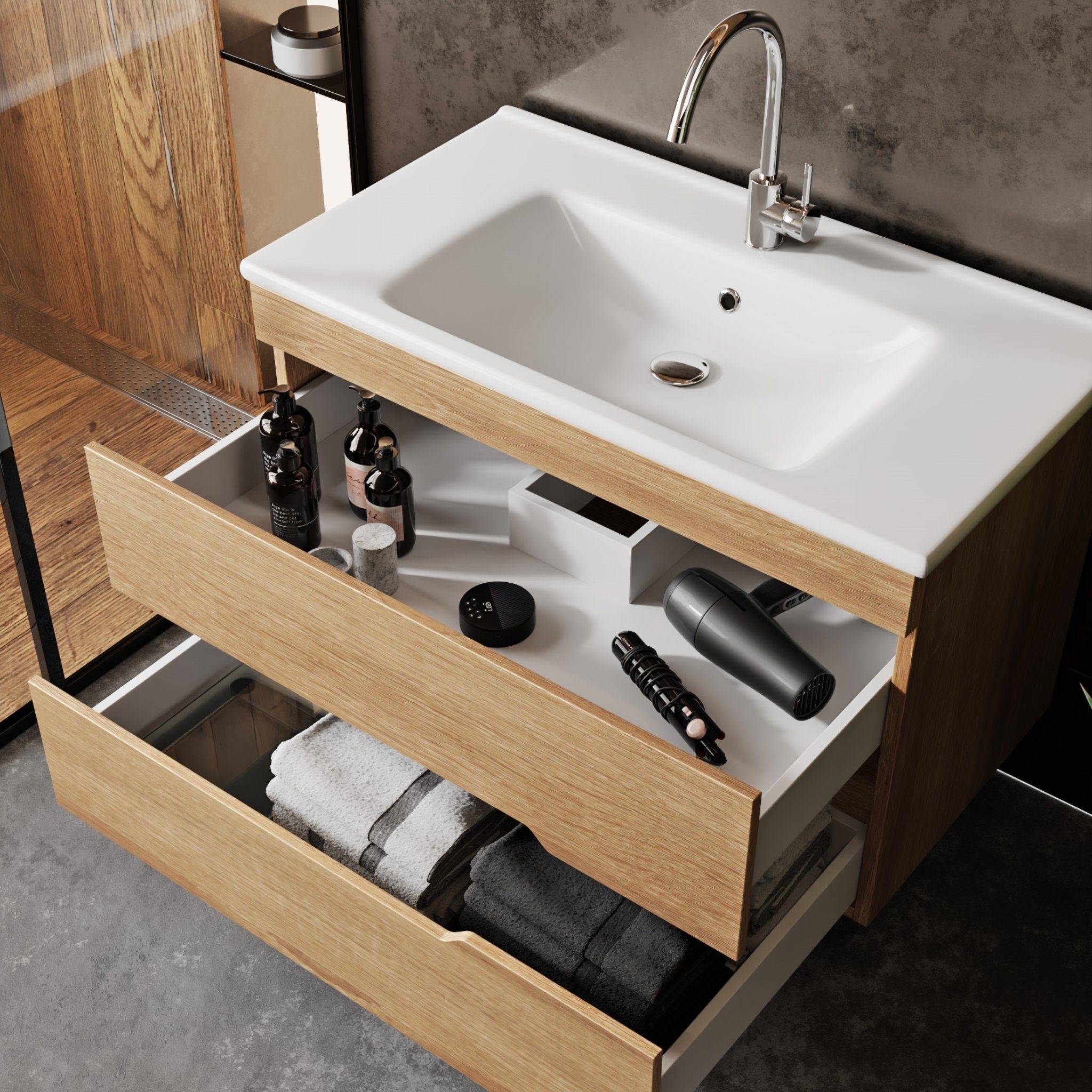 Karen Badezimmer-Set Marmara (Eiche), (Komplett-Set, 3-Teilig (Unterschrank, Spiegelschrank, Waschbecken), Innovatives Design, MDF Lam, Softclose, Funktionalität