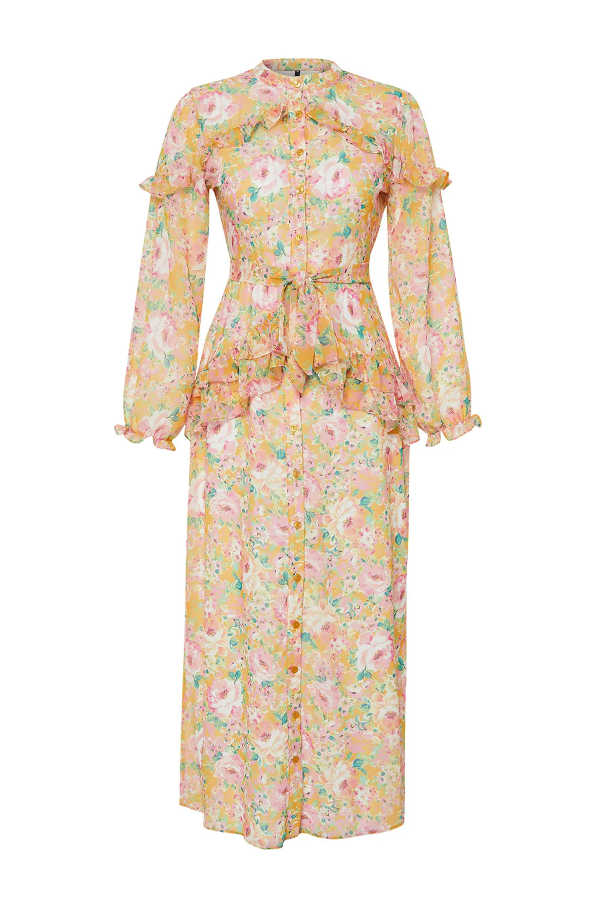 Trendyol Modest  Orangefarbenes, gefüttertes Kleid aus gewebtem Chiffon mit Blumenmuster und Rüschendetail TCTSS24EB00003