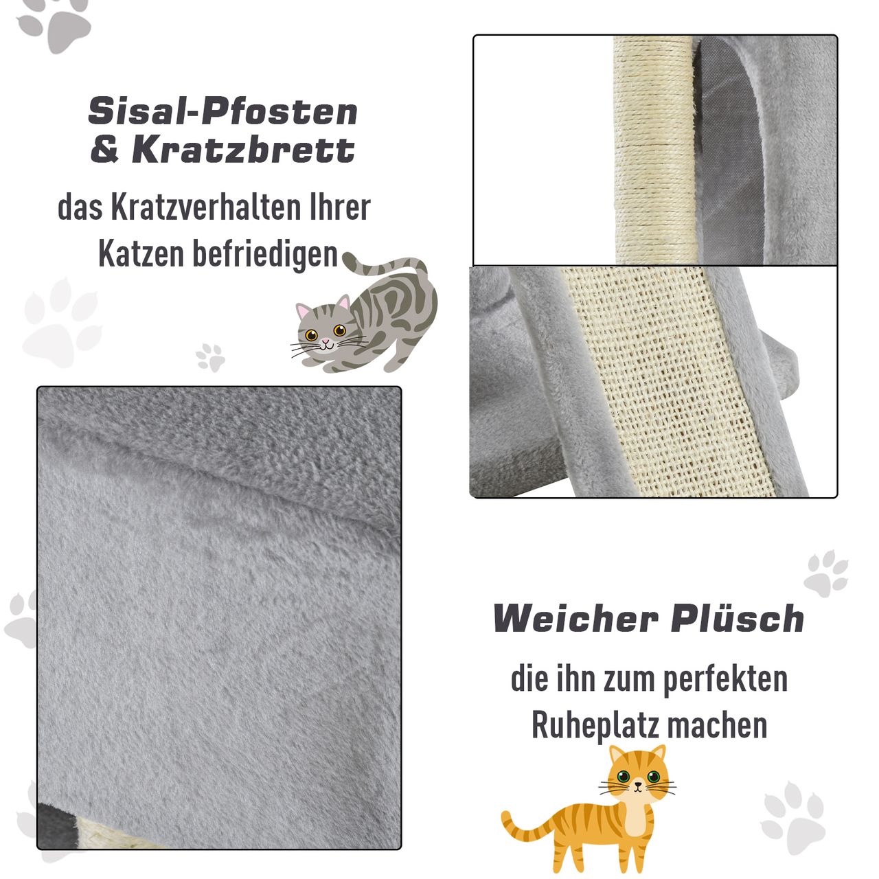 PawHut Katzenbaum mit Sisalsäulen, Katzenkratzbaum, Katzen Kletterbaum, Katzenbaum, Hellgrau, 59 x 39 x 83 cm